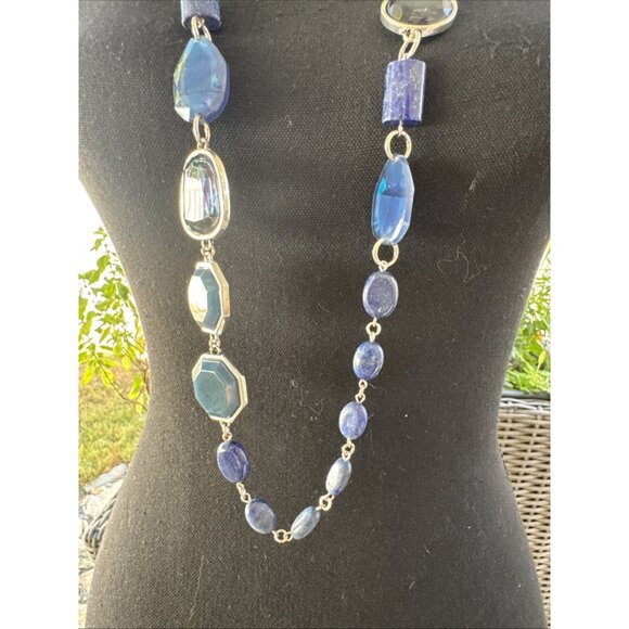Chicos Blue Stone Silver Tone 19" Long Beaded Chain Statement Necklace NEW - Picture 3 of 16